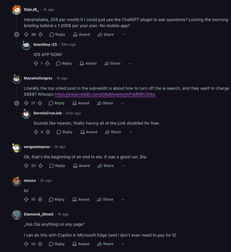 Comments on Reddit about Dia plans.