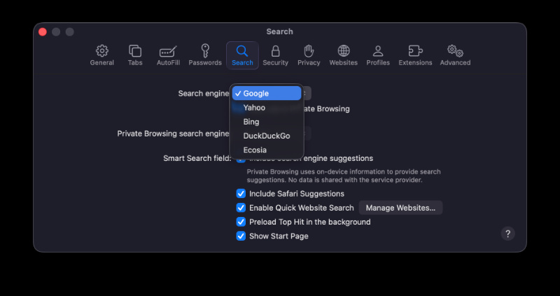 Safari default options.