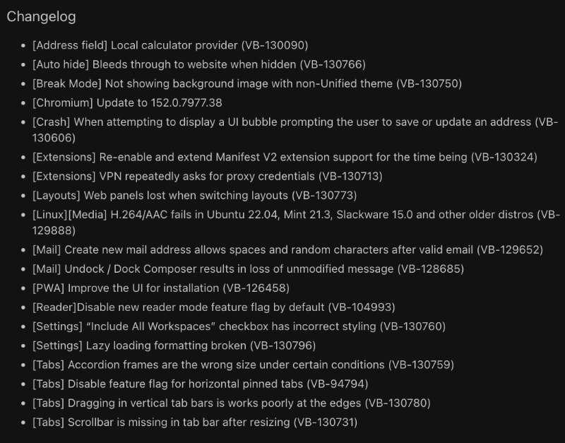 Vivaldi official changelog screenshot.