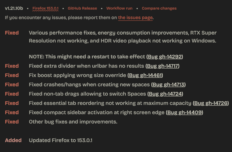 Zen official changelog screenshot.