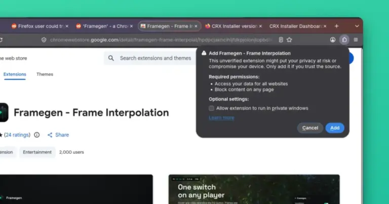 Firefox users are using CRX Installer to run Framegen, so we tested if it actually works