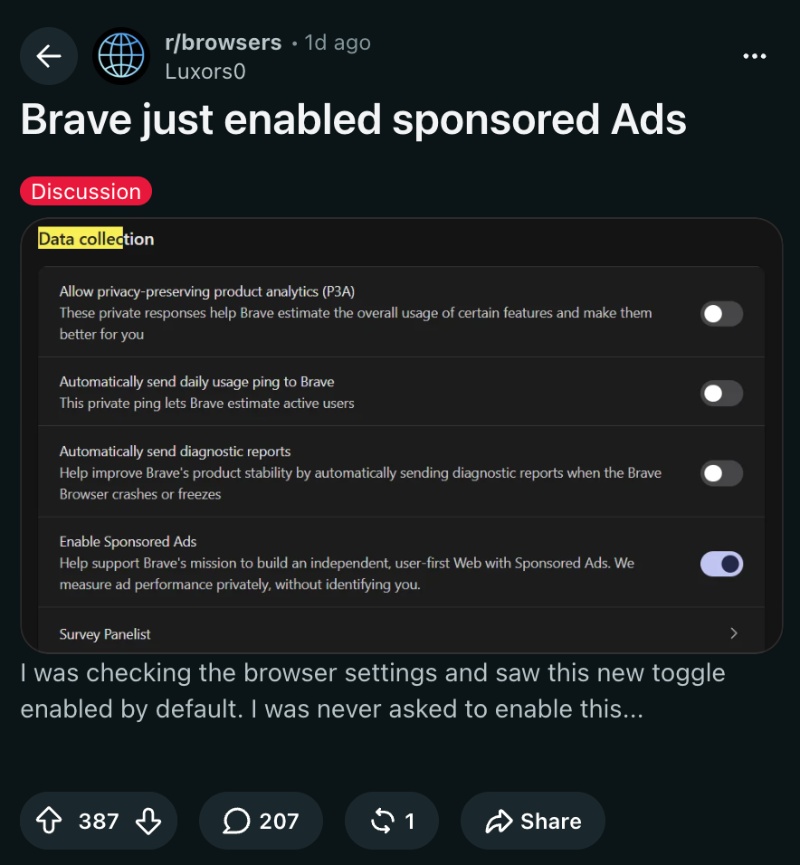 Reddit post Brave issue.