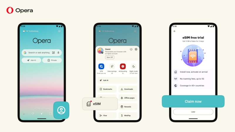 Claim eSIM for free on Opera.