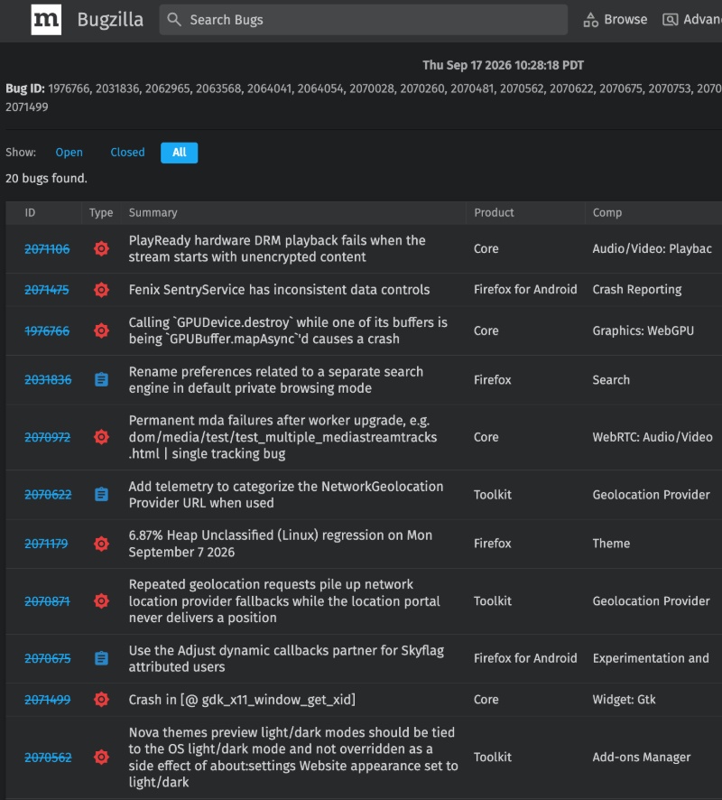 Bugzilla Firefox changelog.