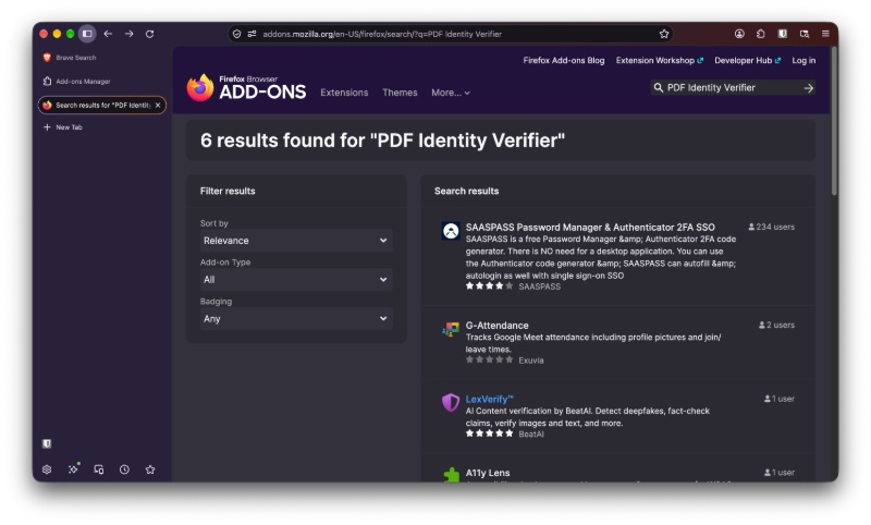 Firefox extension not available screenshot.