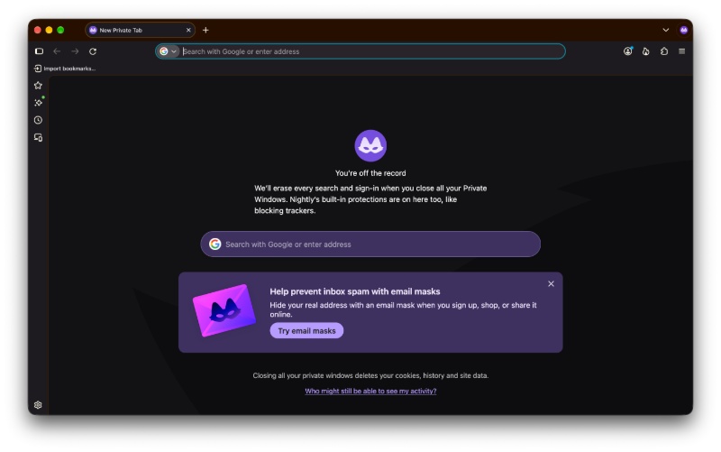 Firefox Nightly new design for Private Browsing.