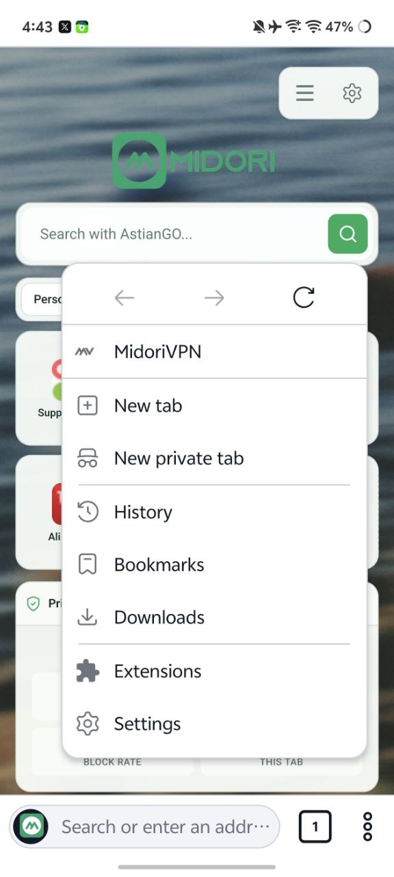 Midori browser main page.