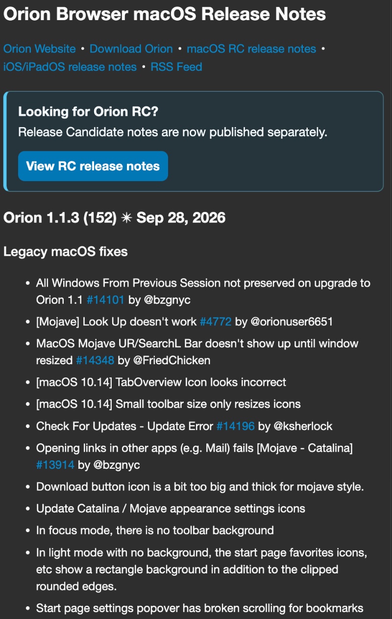 Orion browser changelog screenshot.
