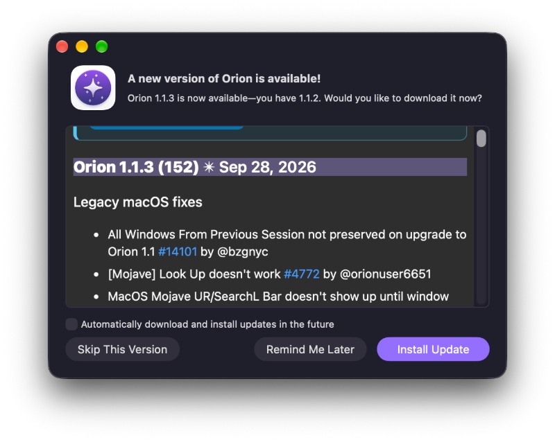 Orion update prompt.