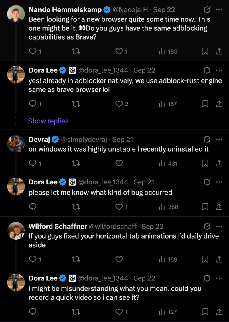 Screenshot of replies on X for Aside.