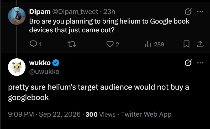Response from Helium developer about Googlebook support.