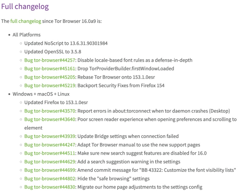 Tor changelog screenshot.