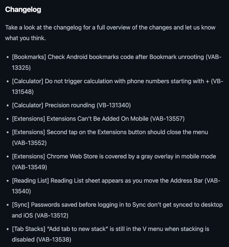 Vivaldi changelog.