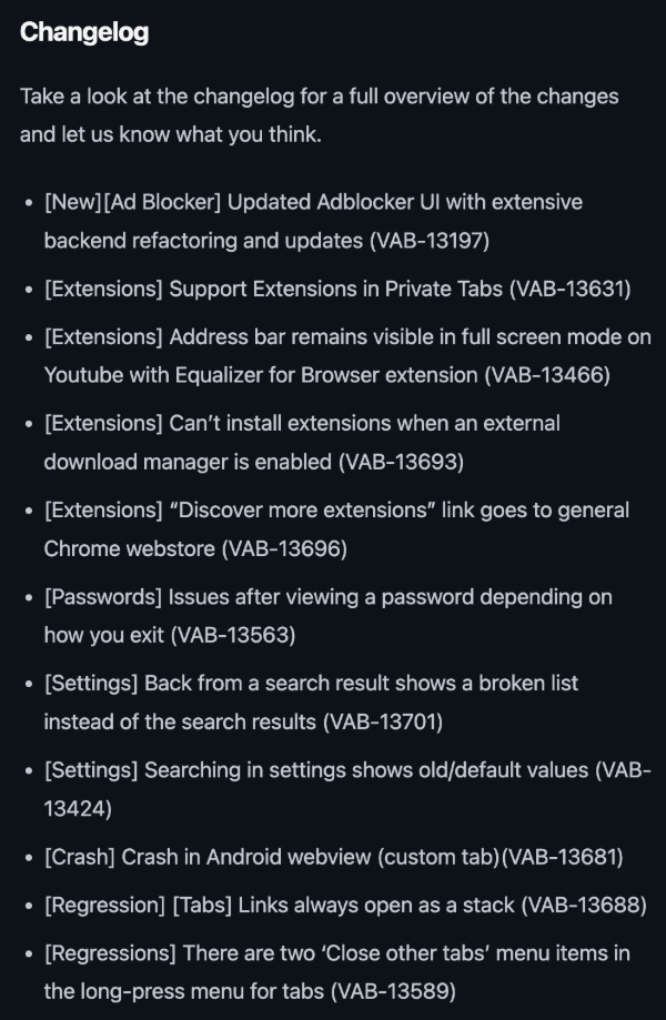 Vivaldi update changelog.