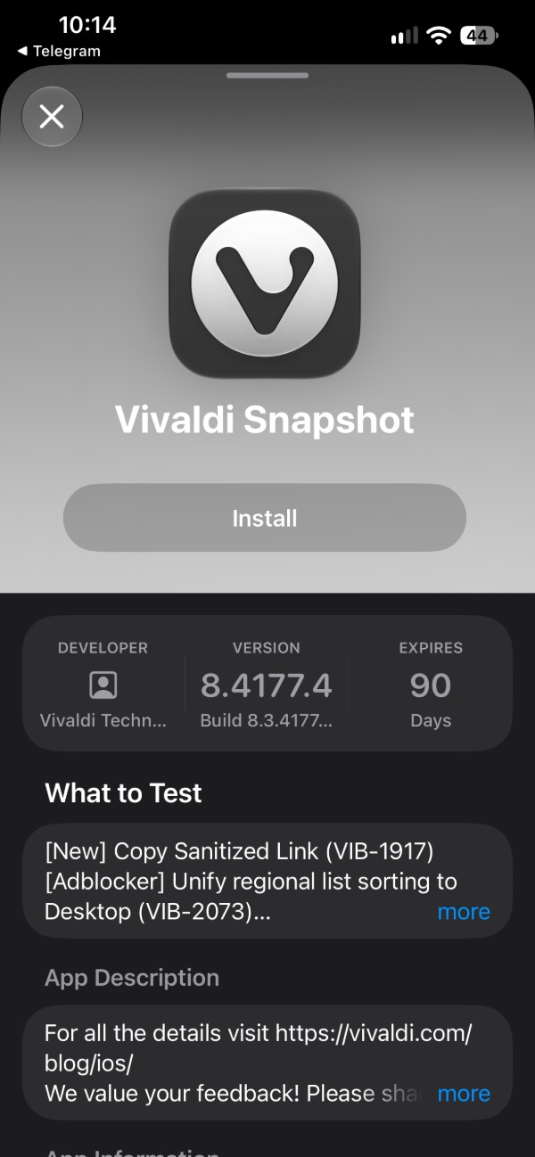 Vivaldi snapshot page TestFlight.