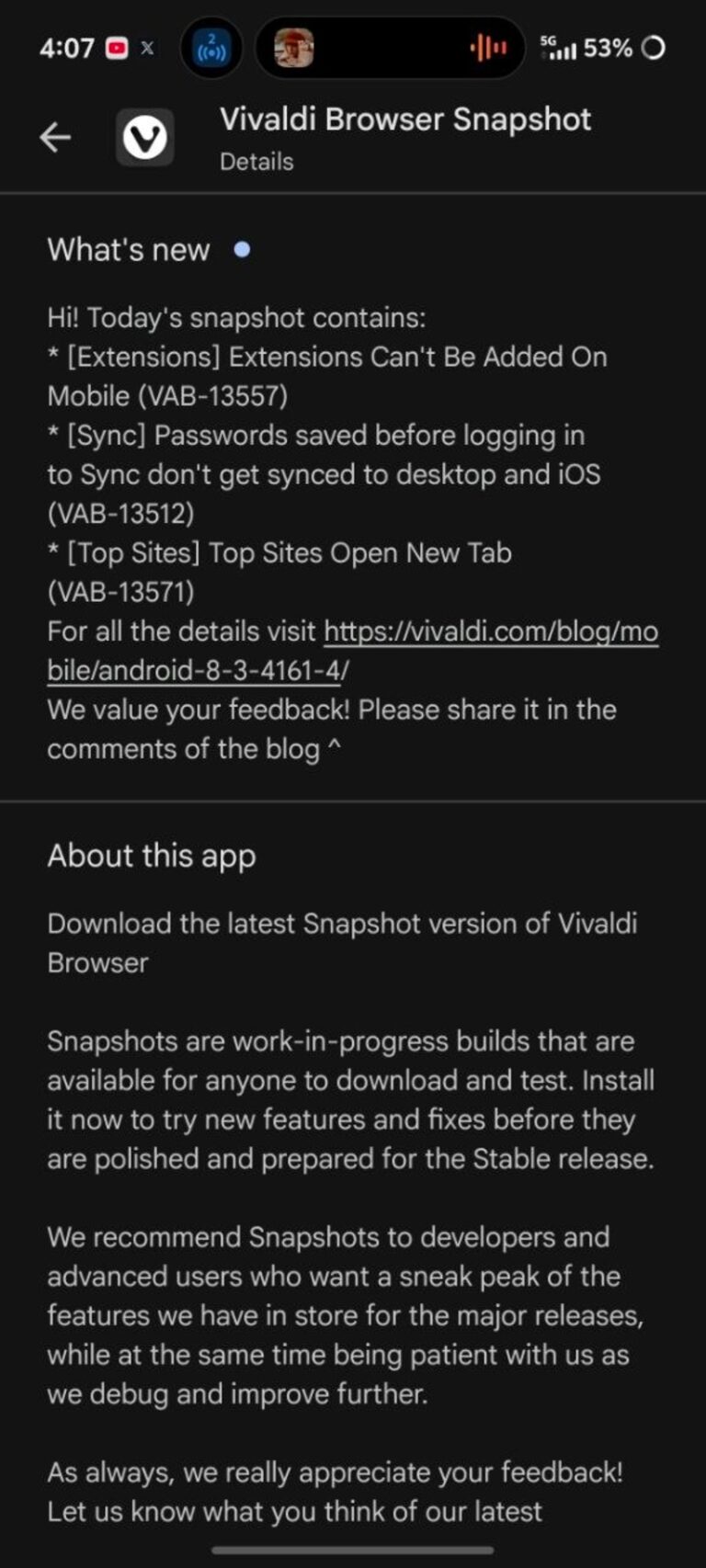 Vivaldi Snapshot update on Android brings multiple bug fixes