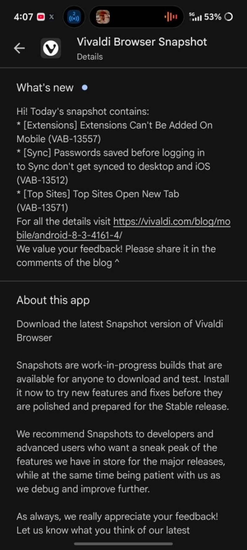 Vivaldi update page.