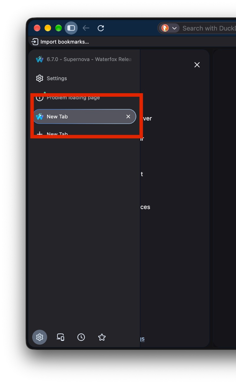 Waterfox sidebar highlight.