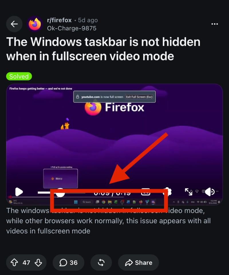 Reddit post explaining the Taskbar issue on Firefox.