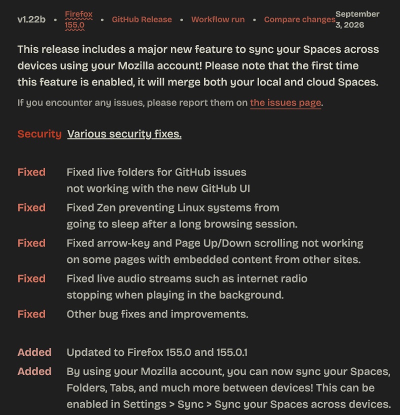 Zen changelog screenshot.