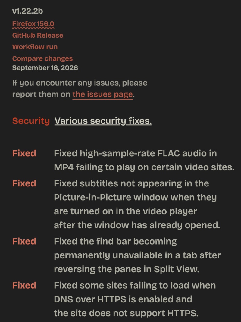 Zen changelog screenshot.