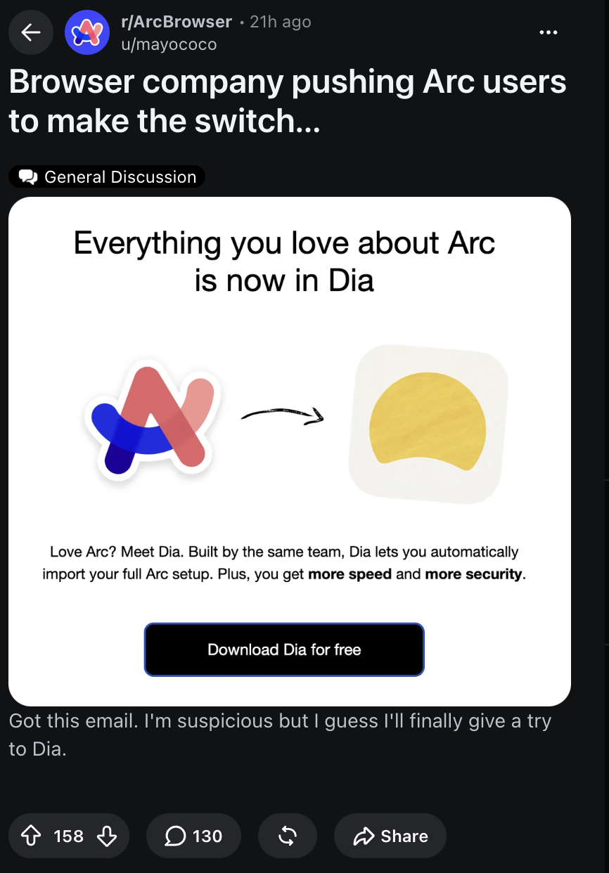 Email about switching to Dia from Arc.