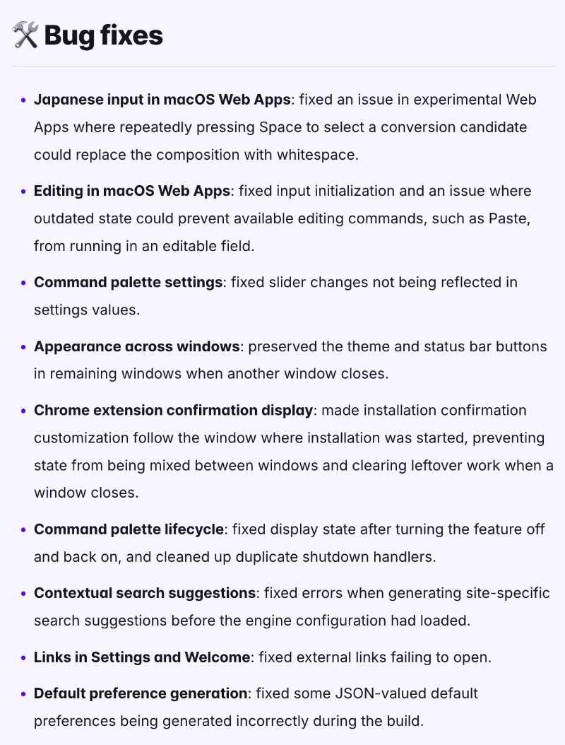 Screenshot of the bug fixes.
