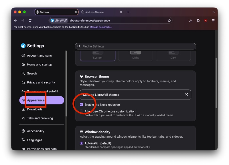 LibreWolf Nova toggle.