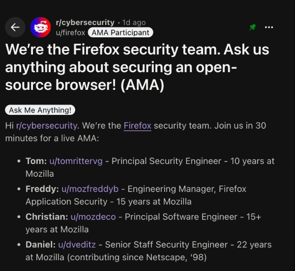 Reddit post AMA Firefox security screenshot.
