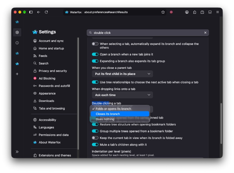 Double click close option for tabs.