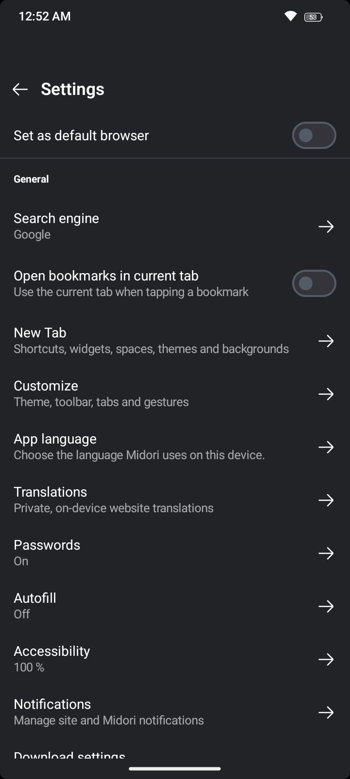 Settings page.