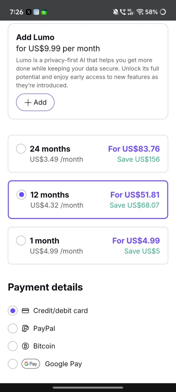 VPN subscription plans on Vivaldi.