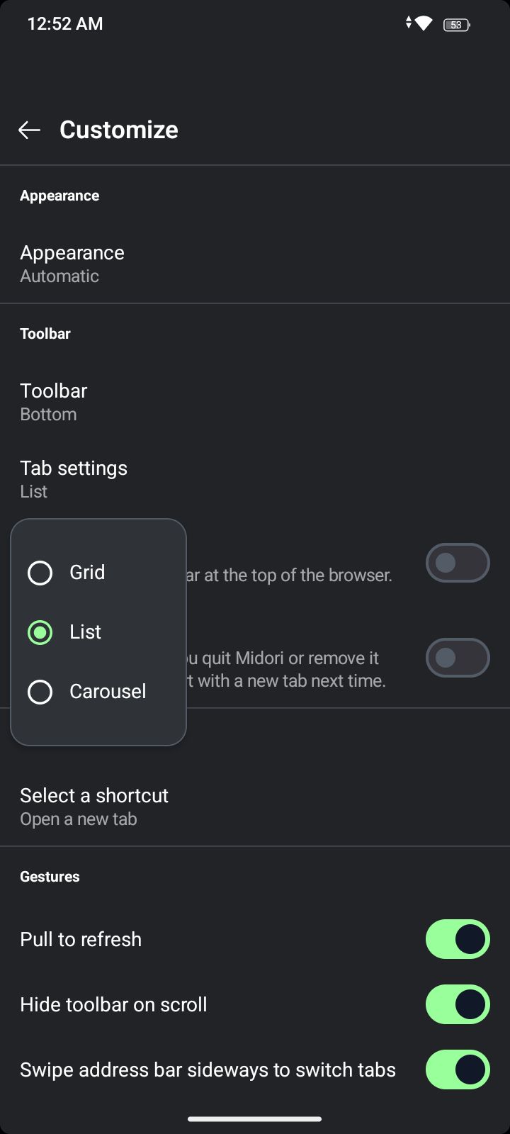 Tab View 3 options in Midori browser.