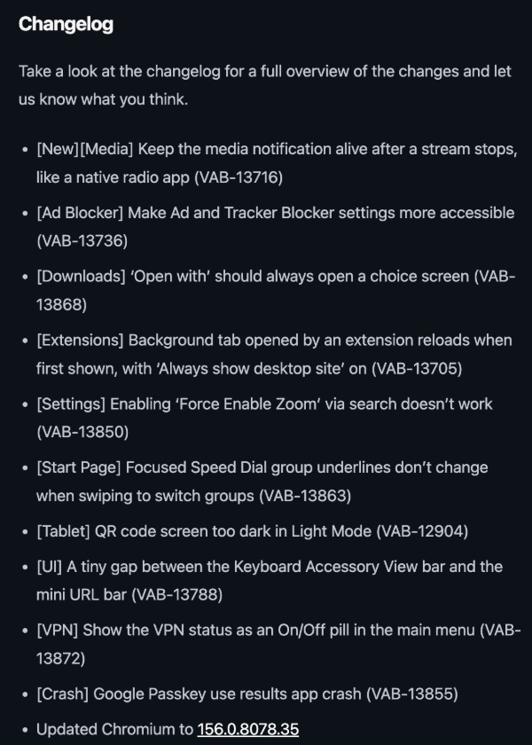 Vivaldi changelog screenshot.