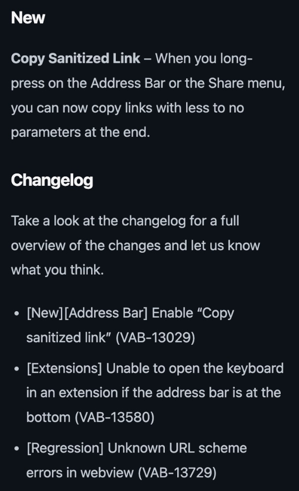 Vivaldi release notes screenshot.