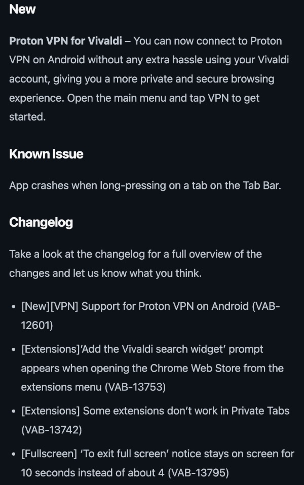 Vivaldi latest update changelog.