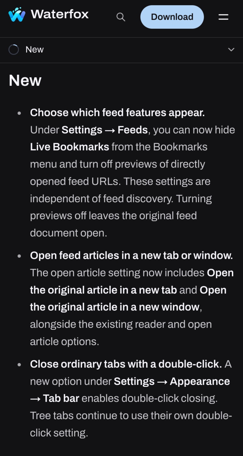 Waterfox changelog image.
