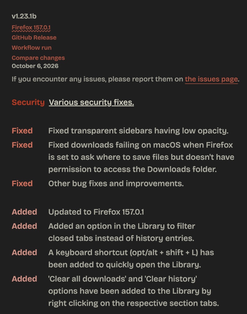 Zen browser update changelog.