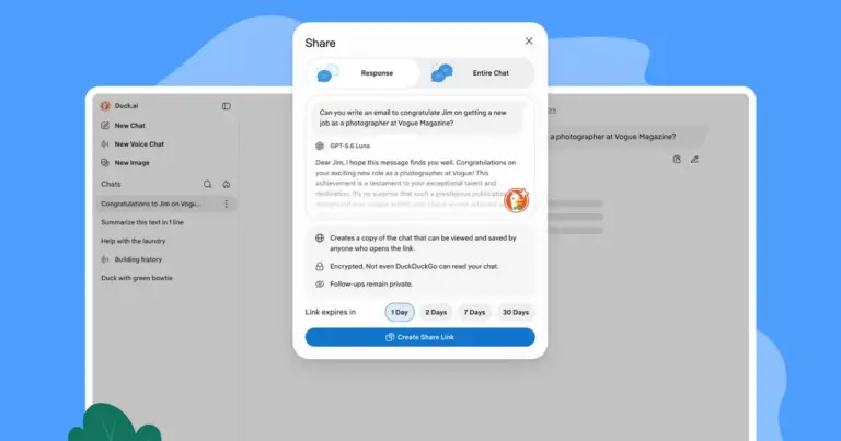 DuckDuckGo adds encrypted, expiring chat sharing to Duck.ai
