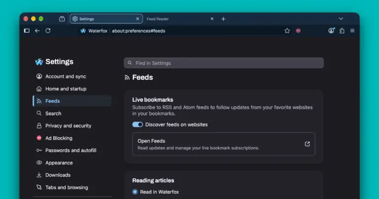 Waterfox 6.7.5 update adds a native feed manager and built-in reader